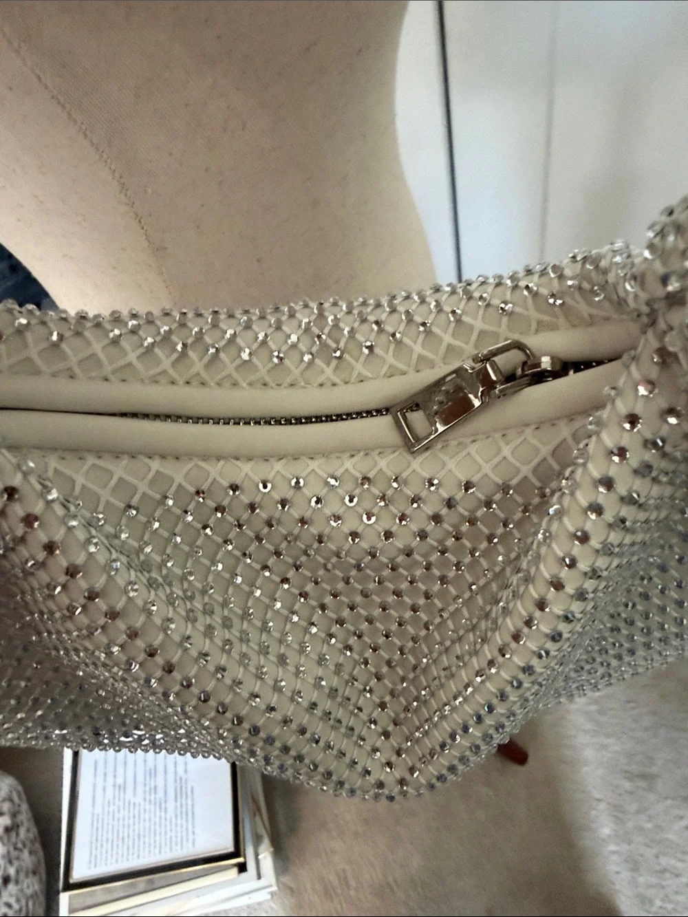 Crystal-Embellished White Hobo Bag